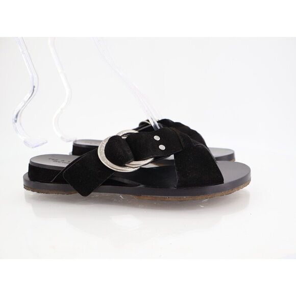 Rag & Bone Beau Cross Sandals Womens 37.5 7.5 Black Suede Slide Flat Slip On - Picture 3 of 13